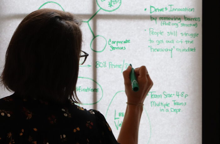 Woman drawing on backlit poster during 2025 Super Summit